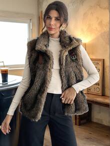 Firerie 女式优雅秋冬新款人造毛皮无袖纽扣夹克 - 摩卡棕 - 查看 2