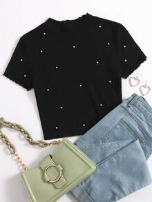 Solflare Black Knit Rib Texture Beaded Short Sleeve T-Shirt