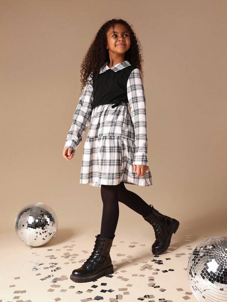 SUMWON Plaid Collared Long Sleeve Button Down School Blouse With Checked Pattern For Fall Winter - Black and White - View 1