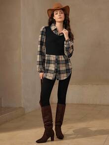 SHEIN LUNE Stand Collar Lantern Sleeve Knit Contrast Stitching Casual Geometric Print Shirts,Office Wear Women,Airport Outfit - Multicolor - View 3