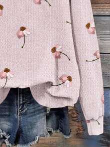SHEIN LUNE Casual Minimalist Faux Fur Beaded Daisy Print Crew Neck Loose Fit Women Sweatshirt, Suitable For Autumn/Winter - Multicolor - View 3
