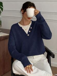 DAZY Lässiger Farbblock Henley-Ausschnitt Pullover, weiches Strick 2-in-1 Sweatshirt für Frauen - marineblau - Übersicht 4