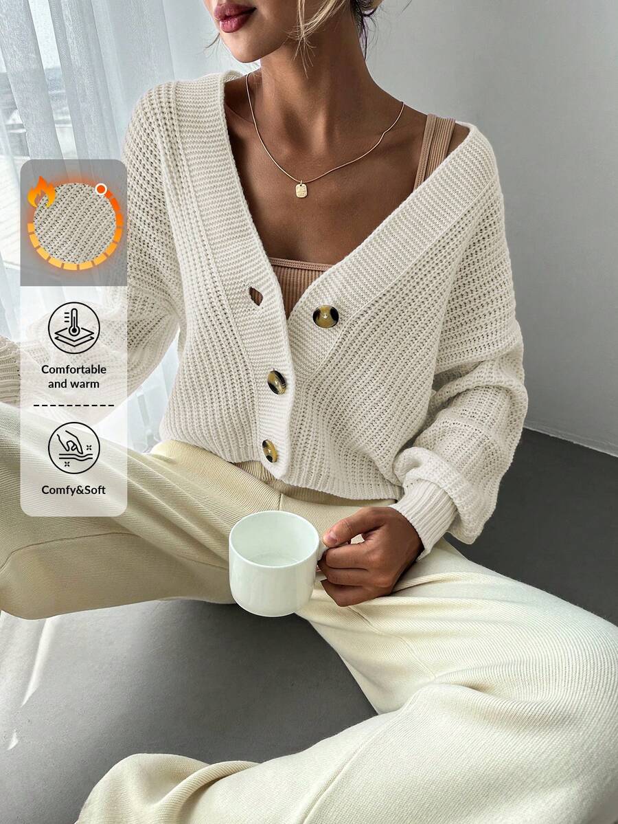 SHEIN Cottnline 女式纯色前扣长袖简约休闲衬衫 - 米色 - 查看 1