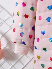 Tween Girl Elegant Pink Heart Laser Print Quilted Fabric Ribbed Cuff Long Winter Warm Cotton Padded Zip-Up Jacket