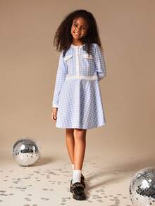 SUMWON Tween Girls Blue White Gingham Check Long Sleeve Collared Dress With Pockets Button Front A-Line Mini Fall School Outfit - Blue and White - View 3