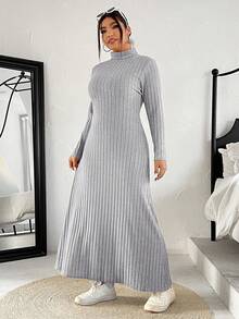 SHEIN EZwear 大码浅灰色纯色简约日常高领长袖连衣裙 - 淺灰色 - 查看 4