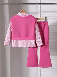 Elladie kids 3件套年轻女孩休闲条纹衬衫+心形印花背心+裤子套装，秋冬 - 玫紅色 - 查看 2