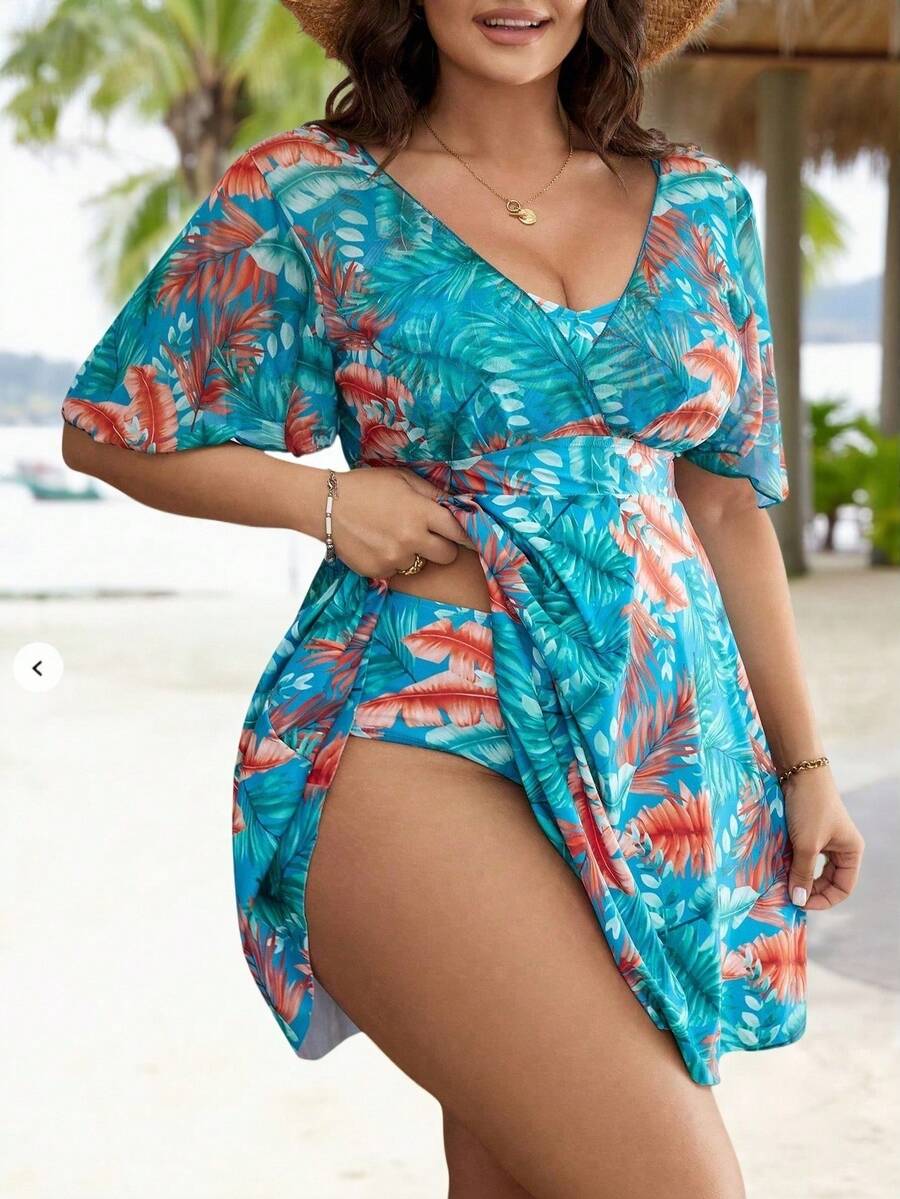 Swim Lushoire Váy bơi có tay loe in họa tiết nhiệt đới cỡ lớn đi biển mùa hè - Nhiều màu - Xem 1