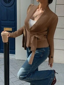SHEIN Unity Cardigan Casual Feminino de Cor Sólida com Amarração na Frente, Versátil - Castanho - Visão 5