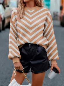 SHEIN LUNE Women's Casual Colorblock Striped Sweater, Autumn/Winter - Khaki - View 4