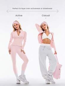 GLOWMODE FeatherFit™-Warm Slim-It It's Chilly Fleece-Lined Slim Fit Long Sleeve Jacket With Thumbholes Autumn Winter Yoga Daily Casual - Baby Pink - View 7