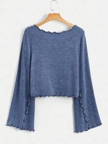 SHEIN EZwear Navy Blue Plus Size Women's V-Neck Flare Sleeve Ruffle Trim Casual T-Shirt