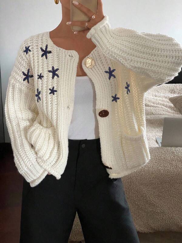 Siren Gaze Women's Winter Floral Pattern Drop-Shoulder Long-Sleeve Oversized Chunky Knit Cardigan Fall/Winter Sweater Everyday Styling  Piece Winter Clothes For Women Cozy Fall And Winter Clothes For Women Thanksgiving Outfit For Women Knitted Cardigan For Women Winter Clothes For Women Sweaters Cardigan Sweater