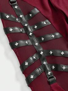 ROMWE Goth Leggings ajustados de estilo gótico punk para mujer con tirantes y remaches - Burdeos - Ver 3