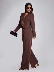 INAWLY 2pcs Women Casual Striped Print Long Sleeve Top And Wide Leg Pants Set With Sash, Spring/Autumn - Coffee Brown - View 5