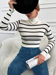 EURMUSE Striped Pattern Turtleneck Sweater - White - View 5