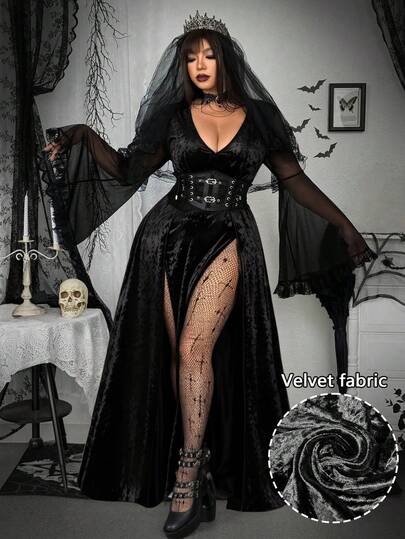 Whyspr Grunge Punk Plus Size Women's V-Neck Long Sleeve Flare Sleeve Lace Patchwork Mesh Velvet Glitter Sheer Elegant Vintage Casual Cute Sexy Punk Goth Party Halloween Long Dress With Double Slits