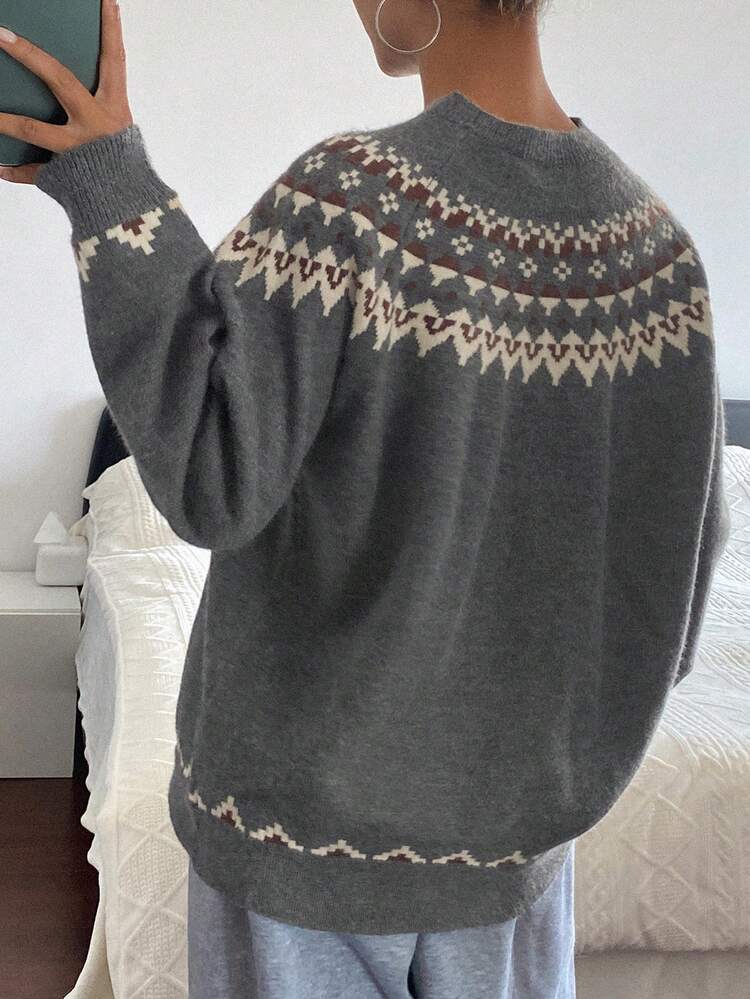 Women's Crew Neck Colorblock Striped Sweater, French Fair Isle Pattern, Versatile For Autumn/Winter