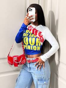 Zolique Women's Letter Print Tight Fit Crew Neck Long Sleeve Sexy T-Shirt - Blue and White - View 5