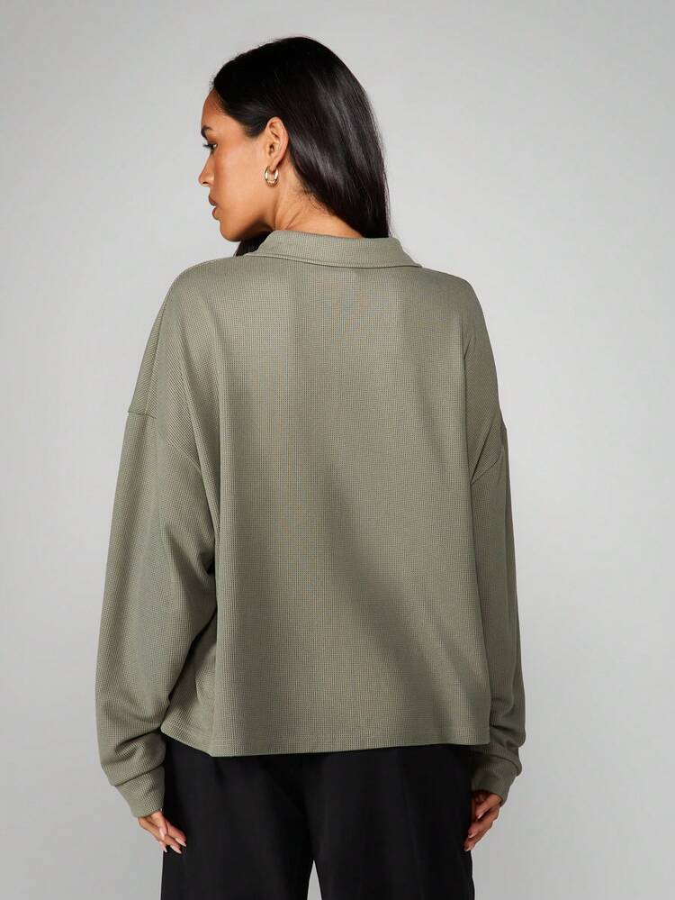 MISSGUIDED Relaxed Fit Waffle Knit Henley Long Sleeve Collared Button Pullover Top