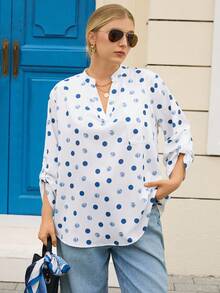 Rosumi Blouse décontractée à encolure en V à pois pour femmes grandes tailles, avec épaules tombantes et polyvalente