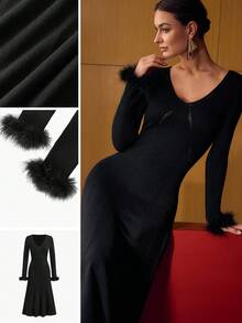 MOTF PREMIUM 女士优雅V领针织连衣裙，配有毛皮饰边袖口 - 藏蓝色 - 查看 7