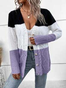 EURMUSE Women's Contrast Color Striped Single-Breasted Casual Cardigan,Cardigans,Long Cardigans Woman,Petite,Tall - Lilac Purple - View 5