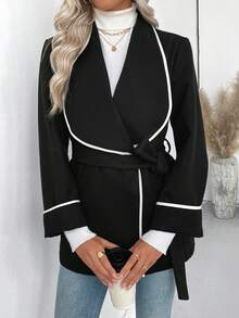 SHEIN Sobretudo feminino elegante e sofisticado com botões em cores contrastantes e amarração na cintura.