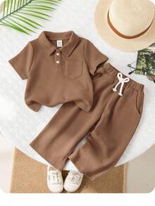 SHEIN 2pcs/Set Baby Boy/Girl Casual Turndown Collar Short Sleeve Half-Zip Pullover Top And Long Pants, All Season - Brown - View 1