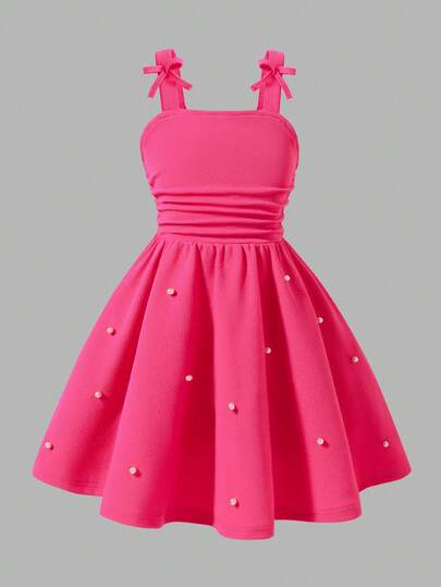 Elladie kids 年轻女孩可爱无袖褶饰蝴蝶结装饰中长连衣裙，红色，优雅派对，夏季