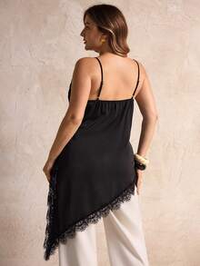 Elegantrix Plus Size Women Urban Casual Lace Asymmetric Hem V-Neck Patchwork Solid Color Camisole