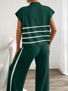 EURMUSE Women Stripe Polo Neck Short Sleeve Sweater And Pant Co-Ord Set,Petite,Winter Clothes - Dark Green - View 3