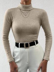 EURMUSE 女士休闲纯色高领毛衣，秋冬 - 駝色 - 查看 4