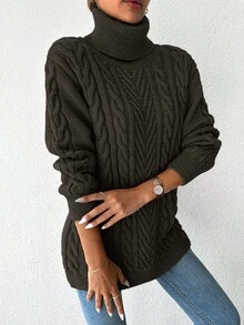 SHEIN Women's Solid Color Cable High Neck Casual Long Sleeve Pullover Sweater