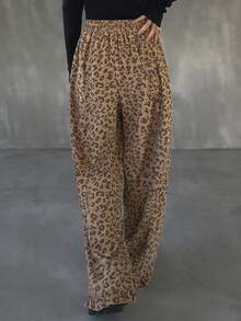 FRIFUL Women's Vintage Casual Leopard Print Loose Straight Leg Pants, Autumn - Khaki - View 5