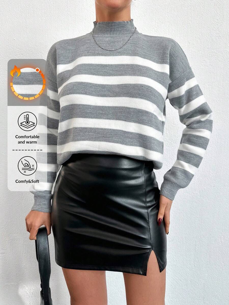 RueChic Striped Pattern Drop Shoulder Sweater - Grey - View 1