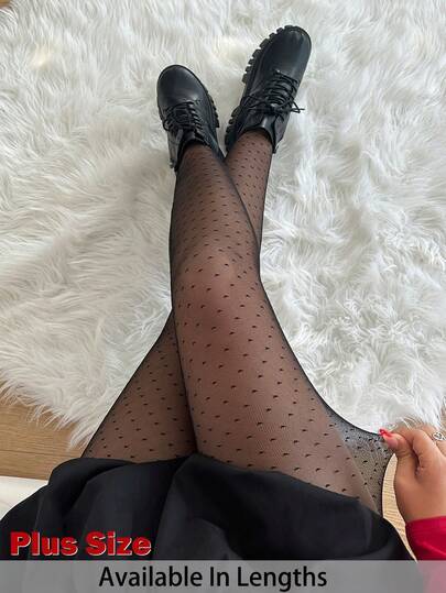 SHEIN Tall CURVE Vêtements de la Saint-Valentin pour femmes grandes tailles, pantalon en dentelle, leggings en maille transparente imprimée de points en forme de cœur noir. Tenue décontractée pour tous les jours.