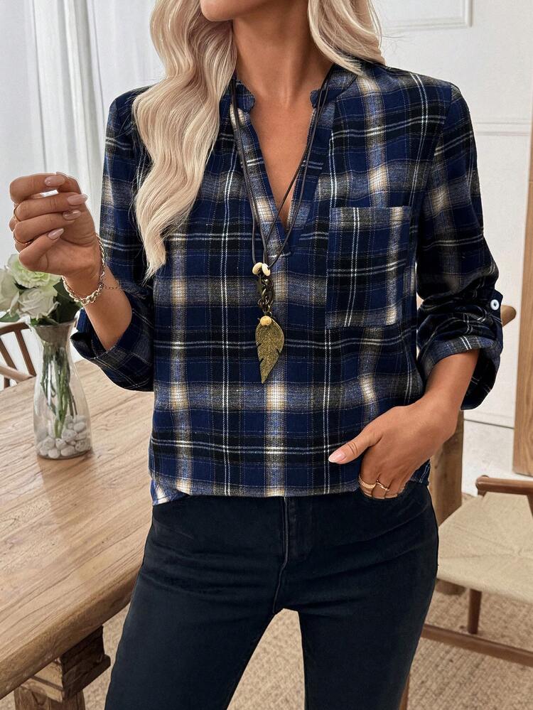 Blouse vintage à col cranté et manches 3/4 à carreaux pour femmes, chemise de travail pour l'automne