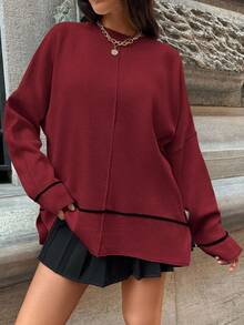 EURMUSE Women's Solid Color Crew Neck Casual Long Sleeve Sweater - Burgundy - View 3