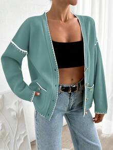 EURMUSE Women Solid Color Deep V-Neck Handmade Stitch Detailed Cardigan - Mint Green - View 4