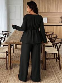 Weeklong 2pcs Plus Size Square Neck Ruffle Hem Floral Decor Top And Pants Set Fall - Black - View 2