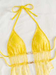 SHEIN Swim Mod 女士夏季新款海滩度假甜美蕾丝面料三件套：荷叶边裙搭配串珠分体泳衣 - 黃色 - 查看 8