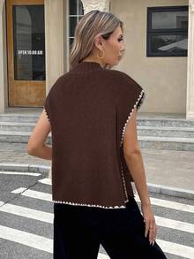 Serisse 女士休闲日常通勤立领撞色绑带侧结宽松针织毛衣背心，秋冬 - 巧克力棕 - 查看 2