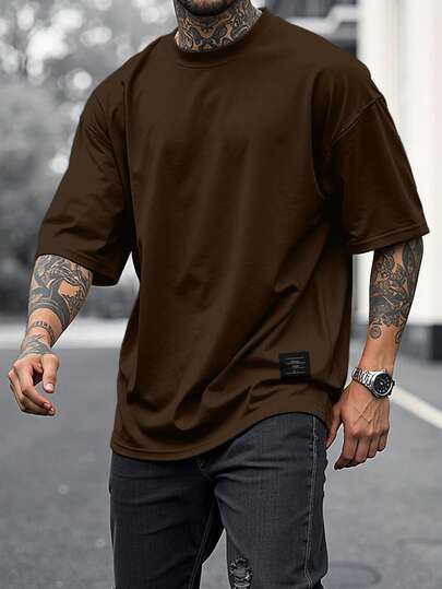 Manfinity Homme Men's Casual Solid Color Round Neck Short Sleeve T-Shirt Brown Tops For Men