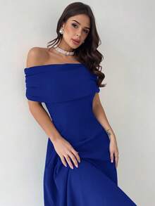Firerie Váy nữ thanh lịch tối giản sang trọng lãng mạn thời trang gợi cảm, váy chữ A trễ vai cạp cao, phù hợp cho kỳ nghỉ, đi làm, hẹn hò, váy xám - Màu xanh lam - Xem 3