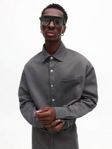 SUMWON 男士短款纽扣衬衫和阔腿裤套装，休闲两件套纯色 - 灰色 - 查看 3