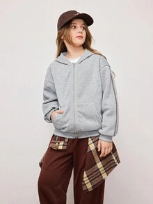 Tween Girl Plaid & Letter Print Hooded Long Sleeve Jacket - Light Grey - View 1