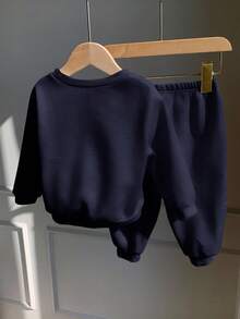 SHEIN 秋冬款男童休闲字母印花卫衣和运动裤套装 - 寶藍色 - 查看 10