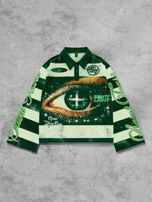 ROMWE MEN Street Life 男士条纹 Polo 领长袖 T 恤，休闲 Polo 衫 - 綠色 - 查看 5