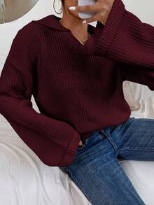SHEIN Unity 女式纯色简约日常长袖针织套头衫 - 酒紅色 - View 4